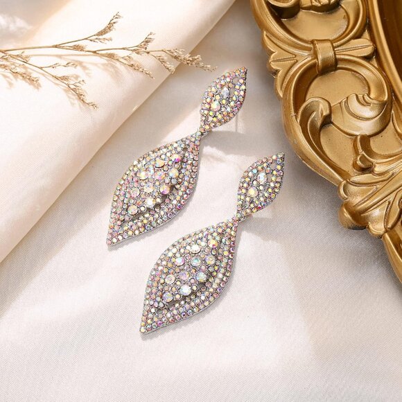 Women's Rhinestone Crystal Wedding Bridal 2 Leaf Drop Dangle Chandelier Earrings - Picture 4 of 5